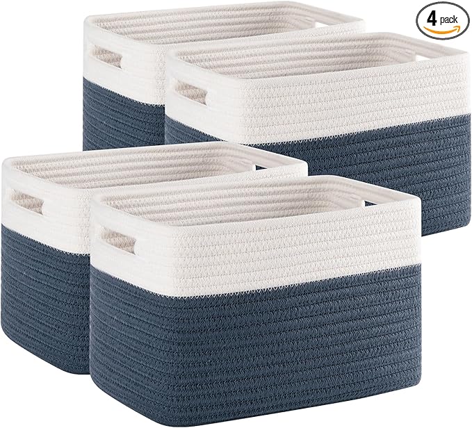 SIXDOVE 4 Pack Storage Baskets for Organizing, Woven Baskets for Shelves - Perfect for Toys, Books, Towels, and Clothes, Durable Gift Basket Bins Toy Storage, 12.7''L x9''W x7.8''H, Blue and White