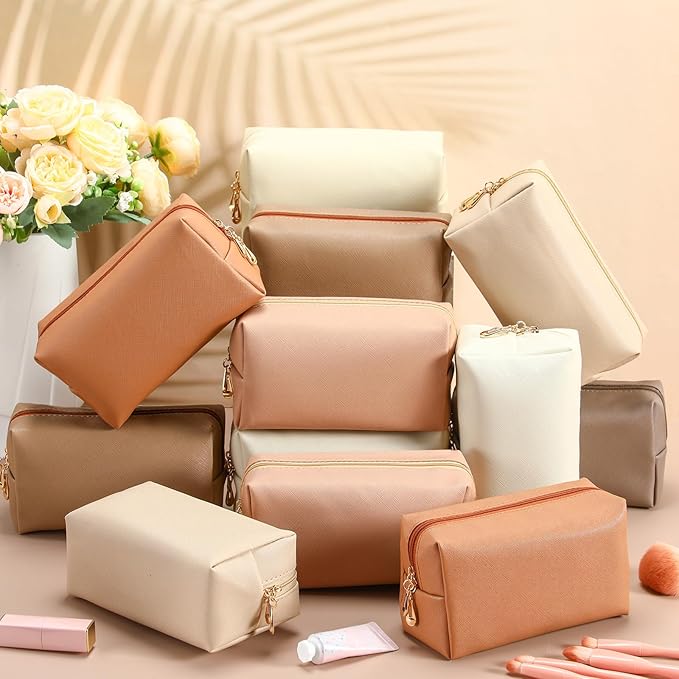 Kigeli Aesthetic Makeup Bags PU Leather Cosmetic Pouches Waterproof Plain Toiletry Bags Makeup Pouches Bulk for Women Party Gift Travel Storage Organizer(Retro Color,7.1 x 2.8 x 4.3 in)