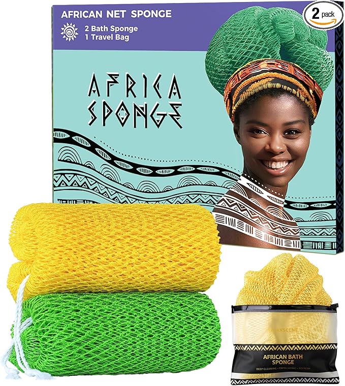 African Net Sponge Authentic - 2 Pieces 52IN Stretched Length Exfoliating Body Scrubber Bath Sponge - Loofah Washcloth Back Scrub for Shower Body Exfoliator