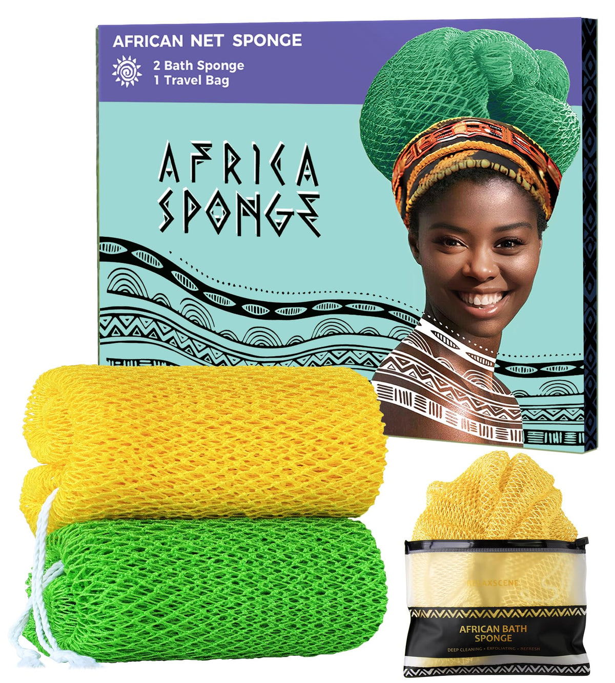 African Net Sponge Authentic - 2 Pieces Exfoliating Body Scrubber Bath Sponge - Back Scrubber Washcloth for Shower - Real African Scrub Exfoliator Body Care Bathing Accessories for Women