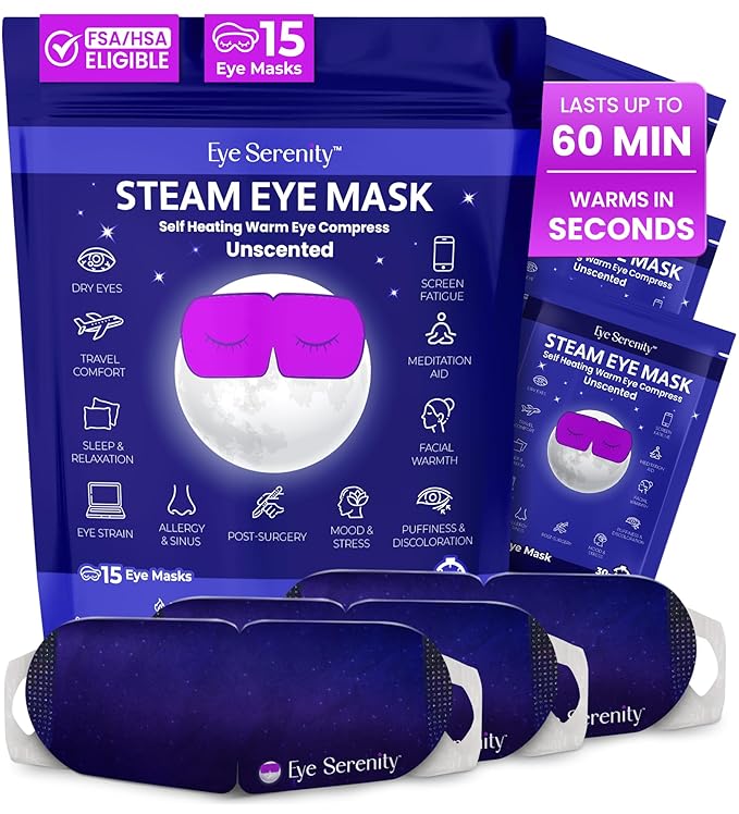 Eye Serenity Steam Eye Mask, Heated Eye Mask, Self Heating Warm Compress for Dry Eyes, Fast Relief for Stye, Puffy Sensitive Eyes, Moist Heat, Gift for Women and Men - Unscented