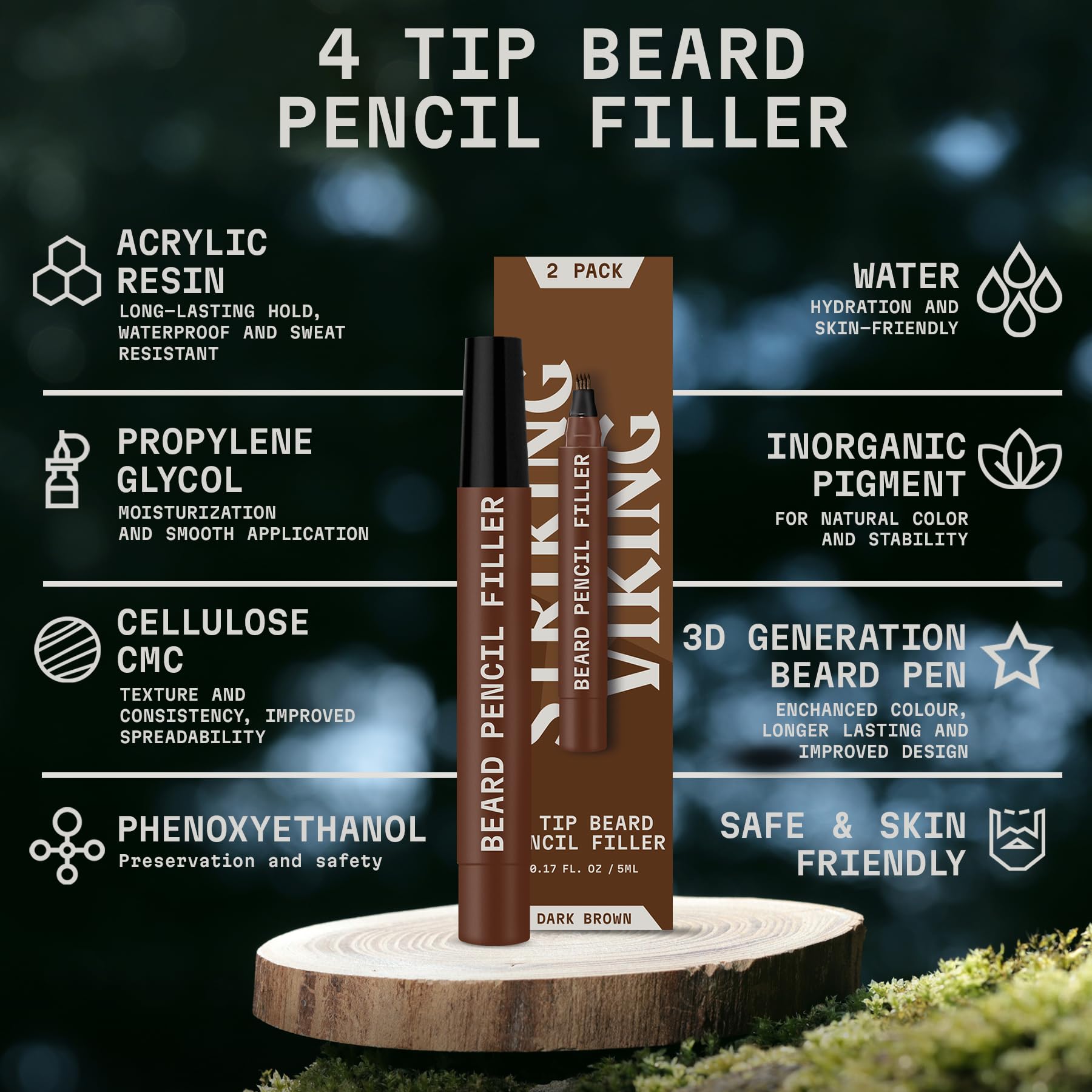 Striking Viking Beard Pencil & Bristle Brush for Men - Dark Brown, 2 Pack