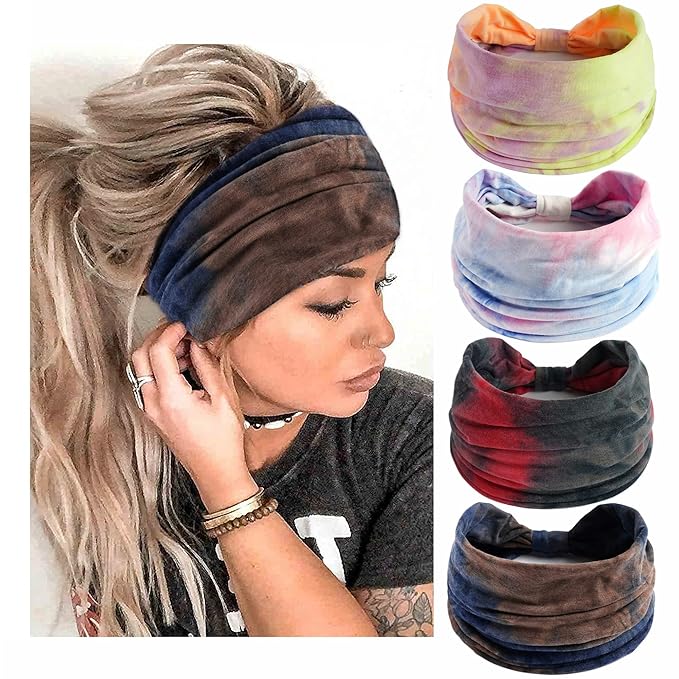 Boho Headbands For Women Fashion Stretch Wide Hair Bands Tie Dye Knoted Turban Head Bands Yoga Running Sweatband Elastic Headband Stylish Wrap Headbands Hair Accessories for Teen Girls 4 Pack