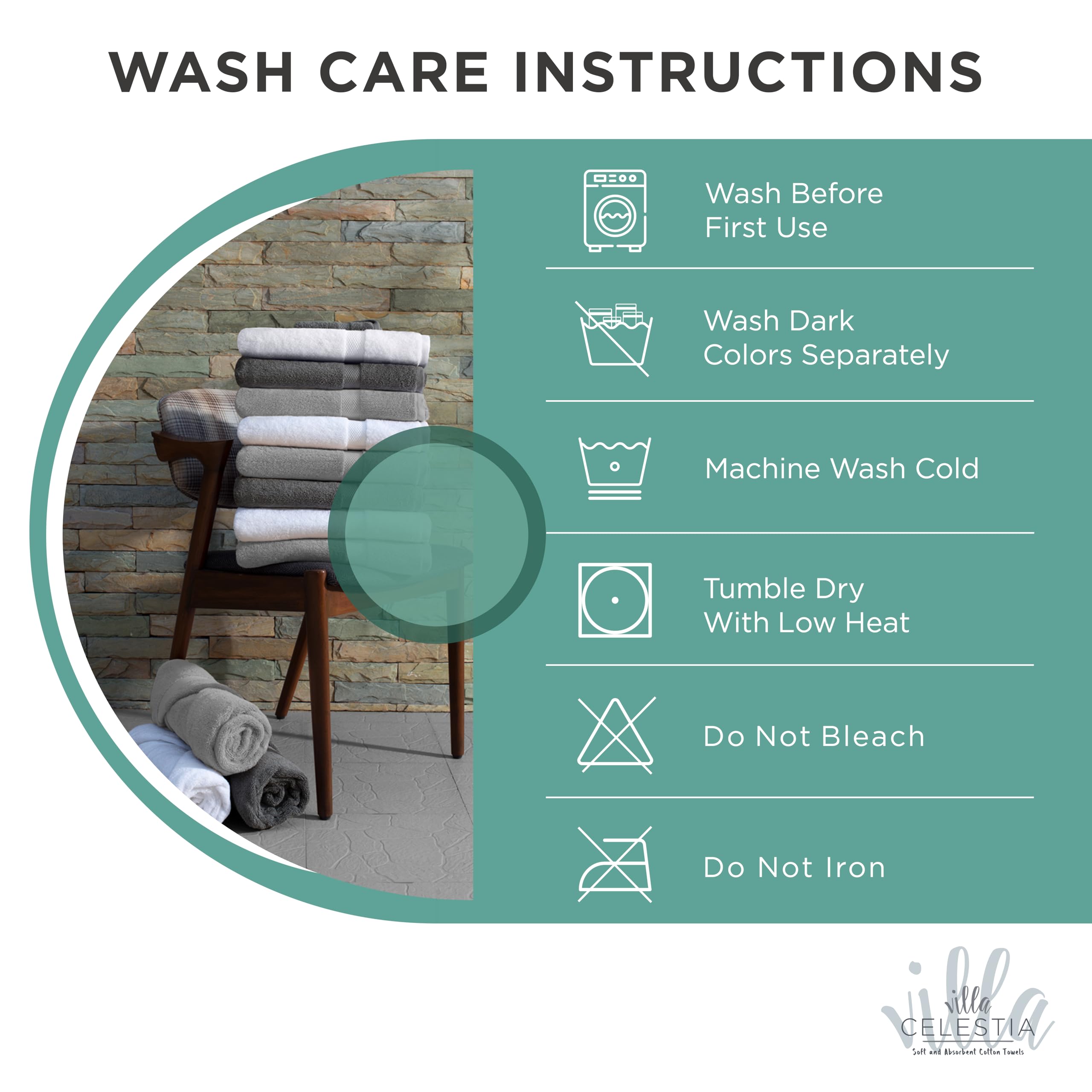 Villa Celestia 12-Piece 100% Cotton Towel Set, 4 Bath Towels, 4 Hand Towels, 4 Wash Cloth, Quick-Dry, Teal