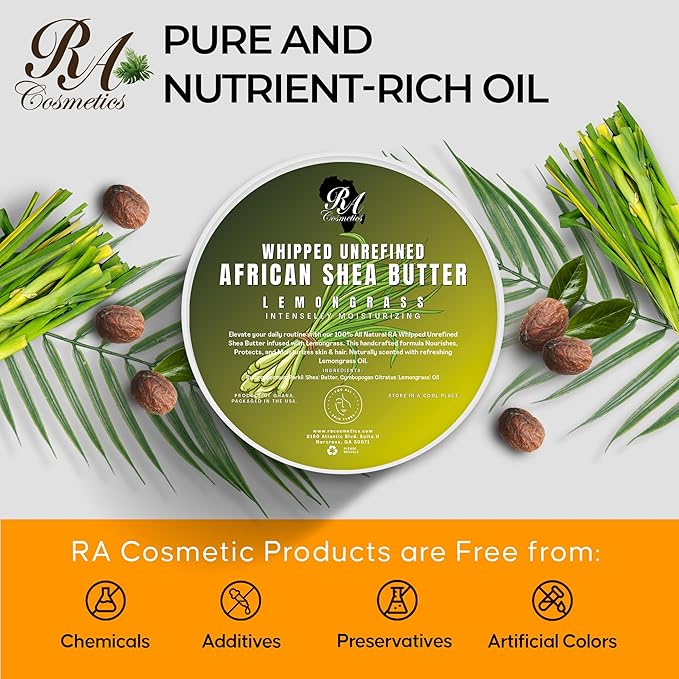RA COSMETICS Whipped Shea Butter with Lemongrass Extract – 100% Unrefined Shea Body Butter from Ghana – Moisturizes Skin, Nourishes & Conditions Hair – Softens and Smooths Lips, Hands & Feet – 12oz