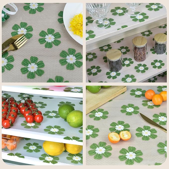 Drawer and Shelf Liner for Kitchen Cabinet,Non-Adhesive Waterproof EVA Drawer Liner for Dresser & Bathroom Vanities with Cutting Tool(12 in X 20 Ft Green Chrysanthemum)