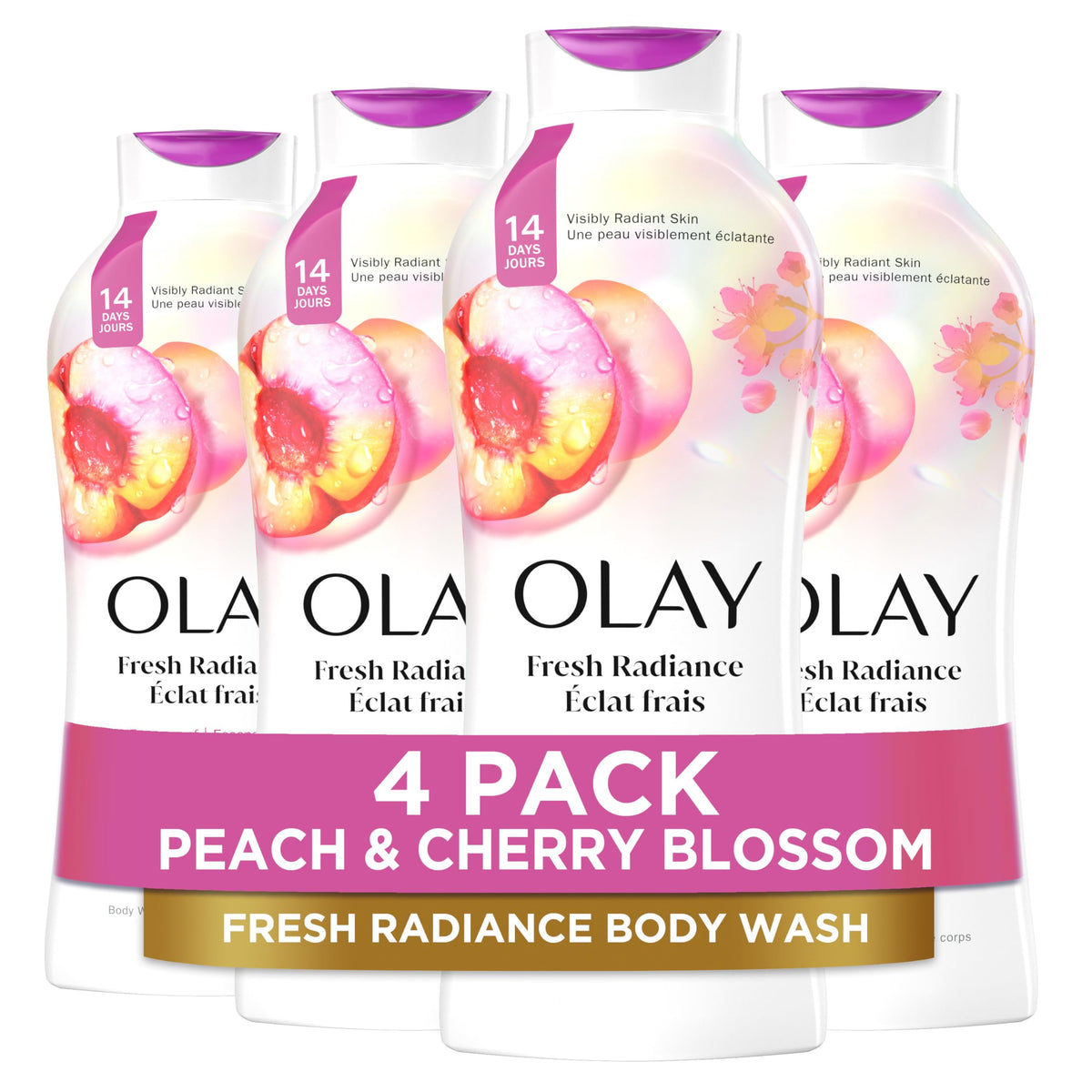 Olay Body Wash for Women, Fresh Radiance, Refreshing & Renewing, Made with Plant Based Cleansers, B3 Botanical Complex, For All Skin Types, Strawberry & Mint Scent, 22 fl oz (Pack of 4)