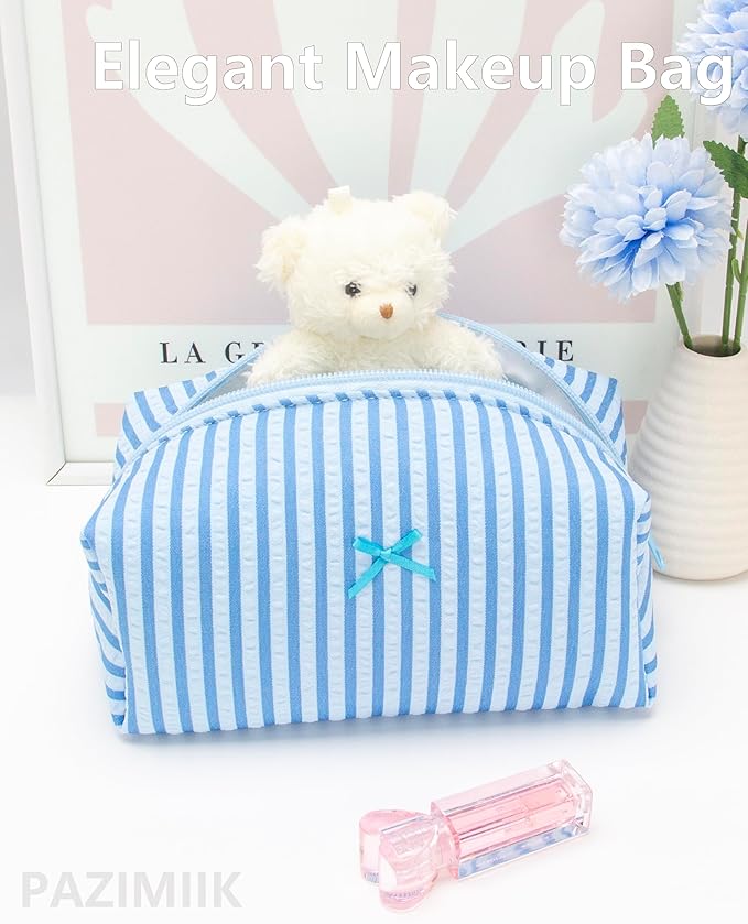 PAZIMIIK Cozy Makeup Bag for Women,Zipper Cosmetic Pouch,Stripe Lake Blue