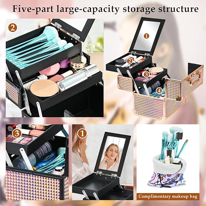 GALHUBIS Makeup Case Organizer,Makeup Train Case, Trays Cosmetic Box Portable, Profesional for Salon Barber, Colorful Pink