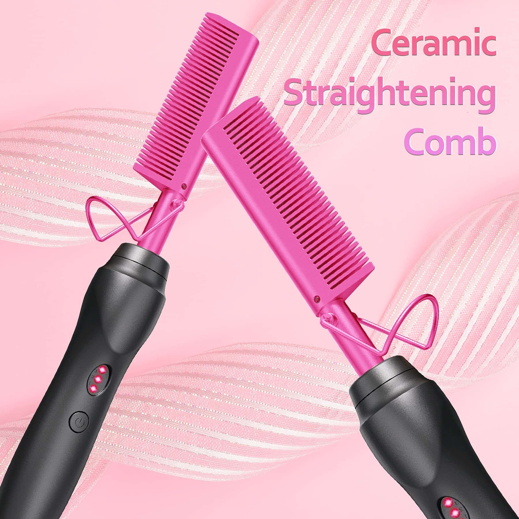 Hot Comb Hair Straightener Pressing Combs - Ceramic Electric Hair Straightening Comb, Curling Iron for Natural Black Hair Beard Wigs Holiday Gift - Pink
