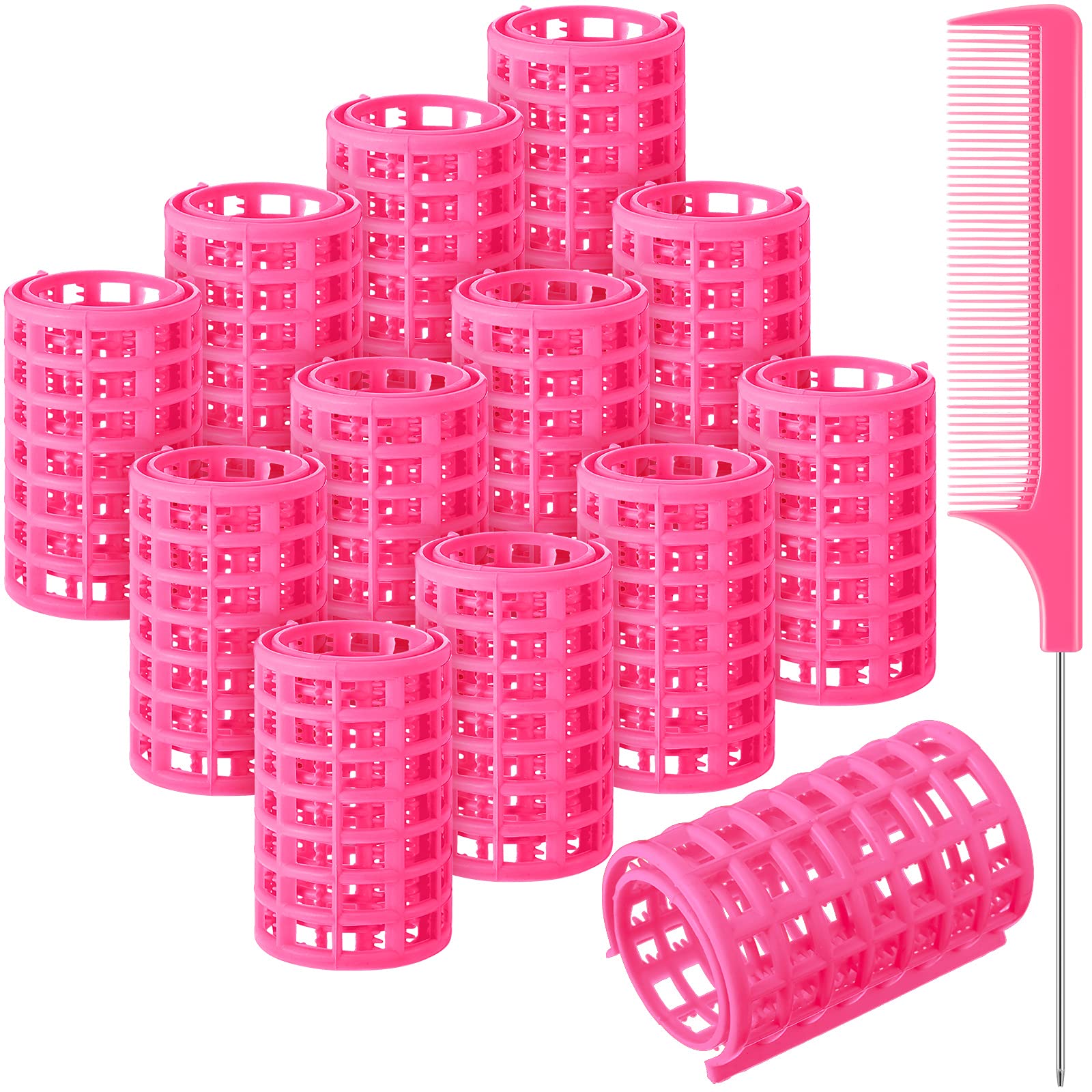 Syhood 12 Pcs Pink Plastic Hair Rollers for Women Large Size Curlers Set Snap Roller Clips with Rat Tail Comb for Long Medium Short Hair Bangs, Salon Hairdressing Styling Tool (2.6 x 1.4 Inch)
