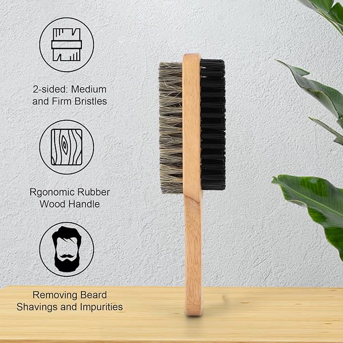 Brrnoo Double Sided Beard Brush, Imitation Bristle with Rubber Wood Handle for Men, Mustache Brush, Beard Grooming Tool - Brown