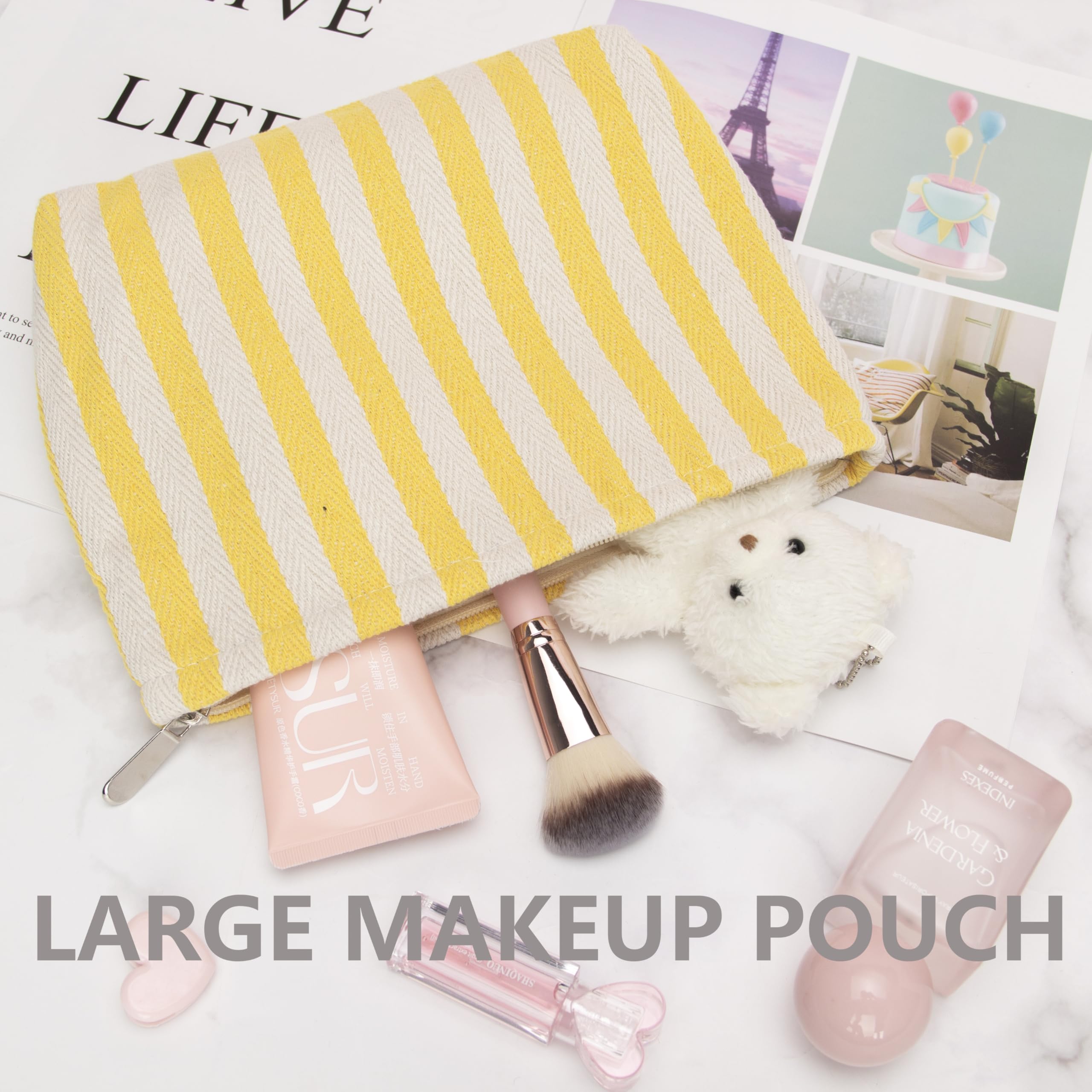 Flat Makeup Bag for Women,Zipper Cosmetic Pouch for Purse,Stripe Yellow