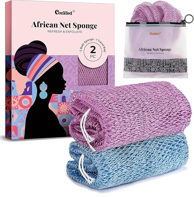 CORATED African Net Sponge Authentic, Shower Loofah Exfoliating Bath Sponge