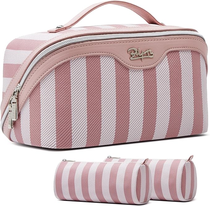 BOYATU Travel Makeup Bag for Women: Large Cosmetic Bag Set of 3 - PU Leather Make up Bag with Compartments - Compact Waterproof Toiletry Bag with Divider & Handle (B-1-Pink)