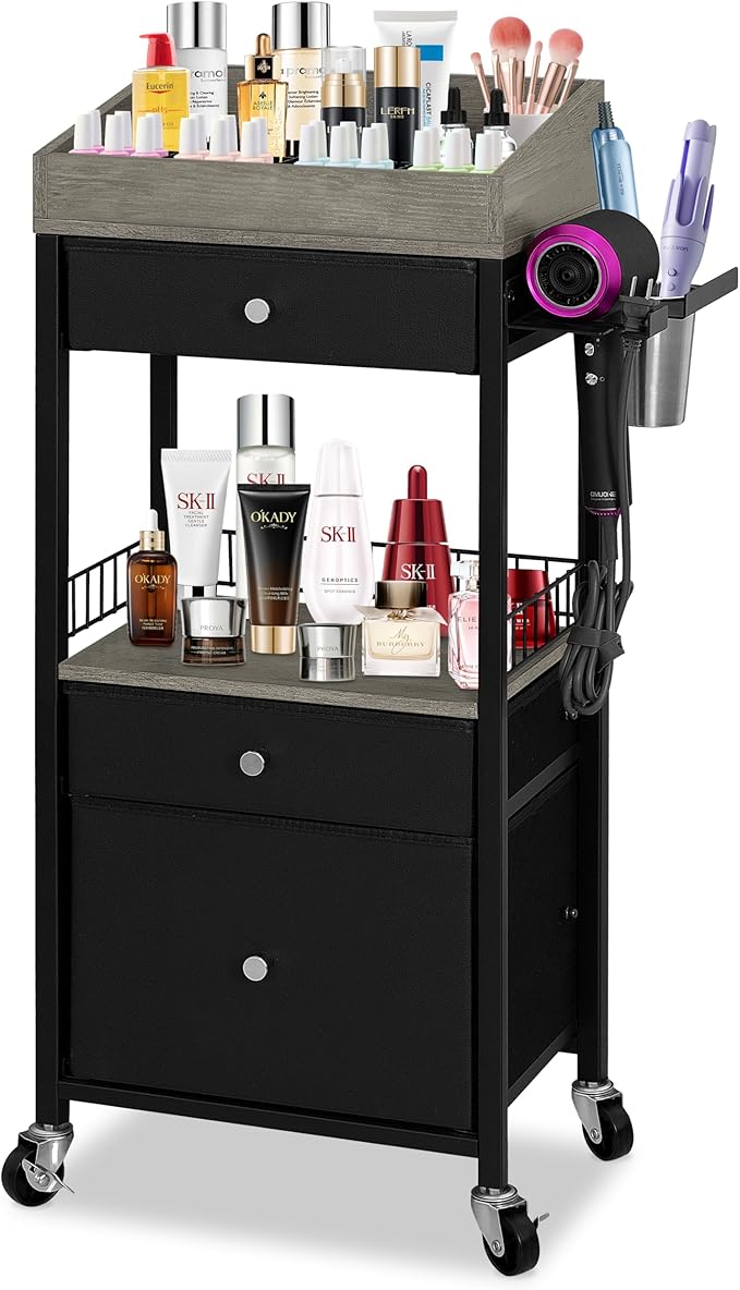 NauwaBarn Makeup Organizer Cart with 3 Drawers, Rolling Cosmetic Storage Cart with Adjustable Dividers, Detachable Hair Tool Holder & Lockable Wheels, Vanity Organizer for Small Spaces, Black & Grey