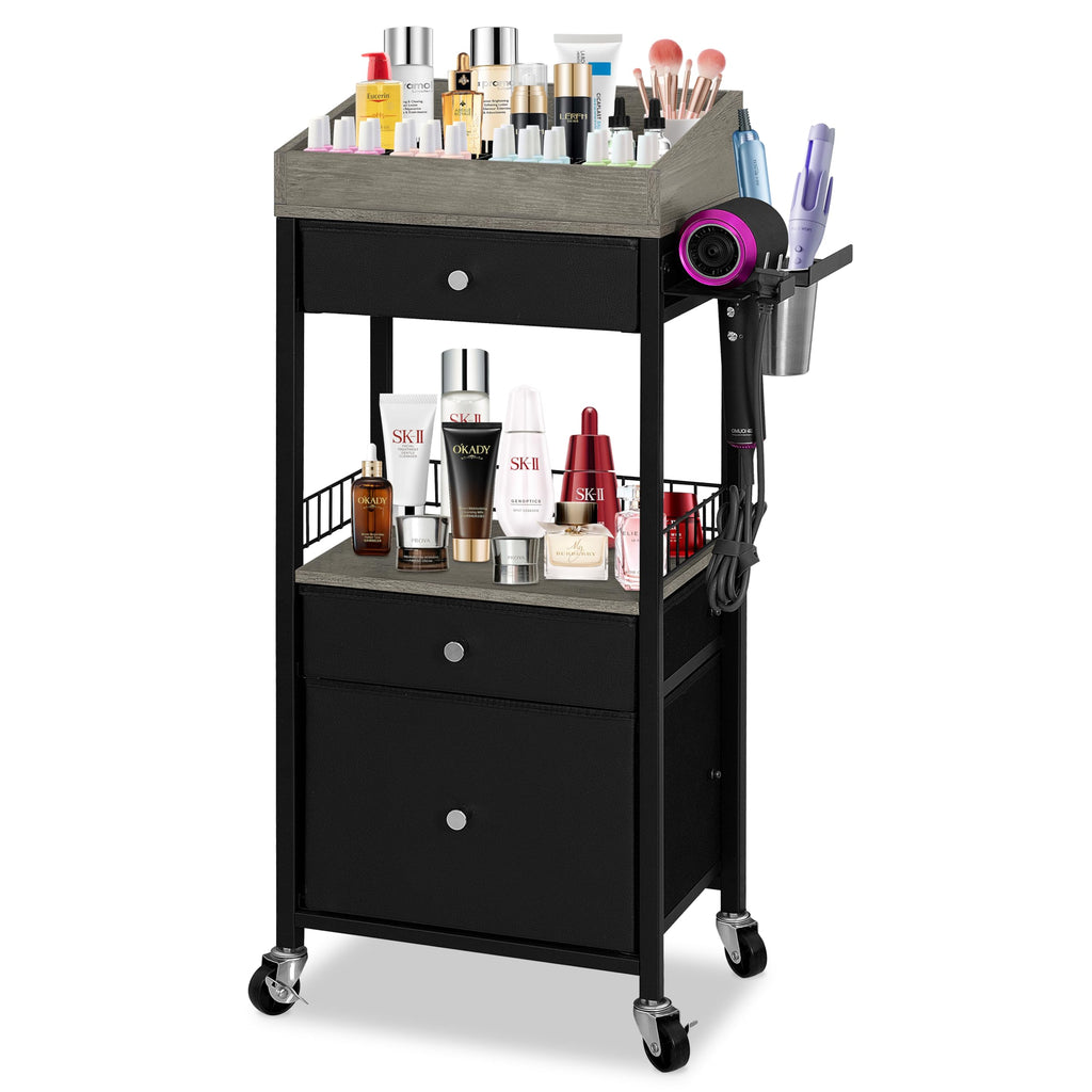 NauwaBarn Makeup Organizer Cart with 3 Drawers, Rolling Cosmetic Storage Cart with Adjustable Dividers, Detachable Hair Tool Holder & Lockable Wheels, Vanity Organizer for Small Spaces, Black & Grey