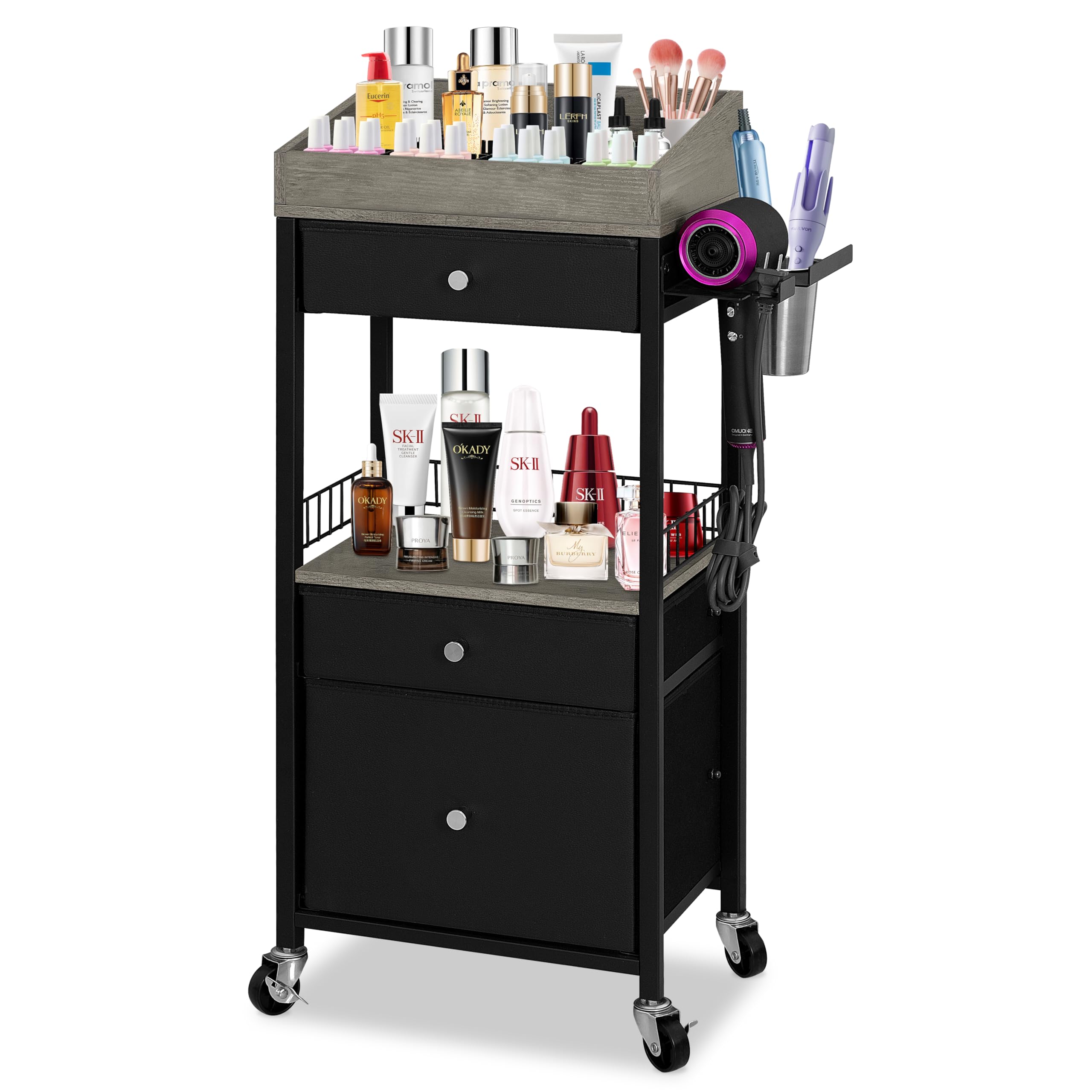 NauwaBarn Makeup Organizer Cart with 3 Drawers, Rolling Cosmetic Storage Cart with Adjustable Dividers, Detachable Hair Tool Holder & Lockable Wheels, Vanity Organizer for Small Spaces, Black & Grey