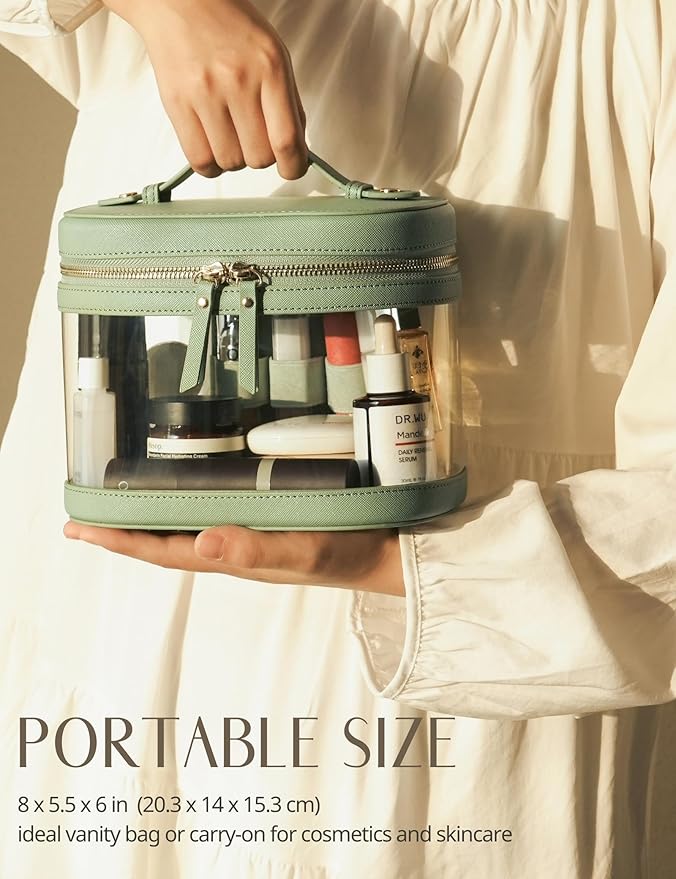 Popvibe Travel Makeup Case Clear Vanity Bag with Brush Holder, Compact Leather Train Case Sage Green Make Up Bag Storage Organizer Luxury Cosmetic Case Travel Essentials Cute Portable with Handle