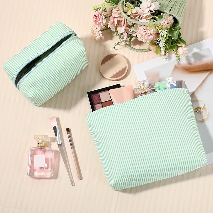 2 Pcs Makeup Bag Set Cute Cosmetic Pouch for Women Seersucker Travel Toiletry Bag Preppy Small Makeup Purse Pouch Aesthetic Skincare Brushes Storage Organizer for Valentine Women(Green)