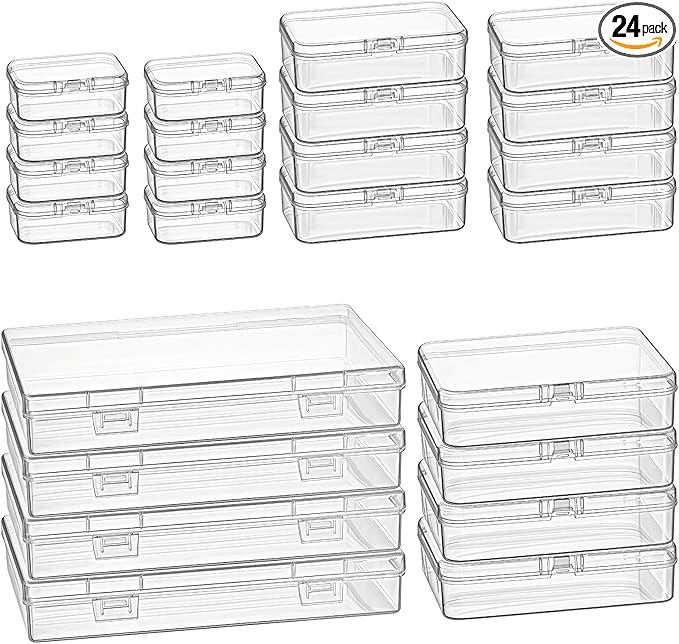 Goodma 24 Pieces Mixed Sizes Rectangular Empty Mini Clear Plastic Organizer Storage Box Containers with Hinged Lids for Small Items and Other Craft Projects