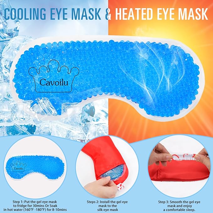 Cavoilu Sleep Mask w/Cooling Gel Eye Mask, Silk Eye Mask for Sleeping, Hot & Cold Eye Masks, Blindfold Reusable Eye Cover Sleeping Mask for Home Office Travel, Gifts for Women (Red Heart)