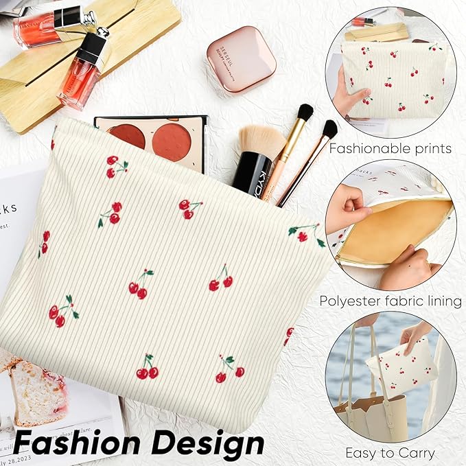 Ksriylm Cute Makeup Pouch for Women Cherries Small Make Up Bag for Purse Zipper Makeup Cosmetic Bags Pouches for Purse Aesthetic Travel Toiletrybags,Red Cherry Cute
