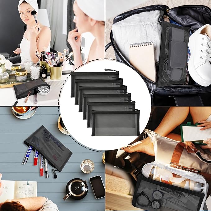 CarryEpic Mesh Bags with Zipper (6 Packs), Small Nylon Makeup Bag Cosmetic Pouches Travel Organizer Case for Purse Diaper Bag Home Organizing Black