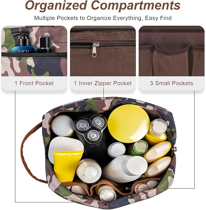 Ezday Travel Toiletry Bag for Men, Hanging Toiletry Organizer, Water Resistant Shaving Kit with Large Capacity for Travel Accessories (Camo-Bright Green, Medium)
