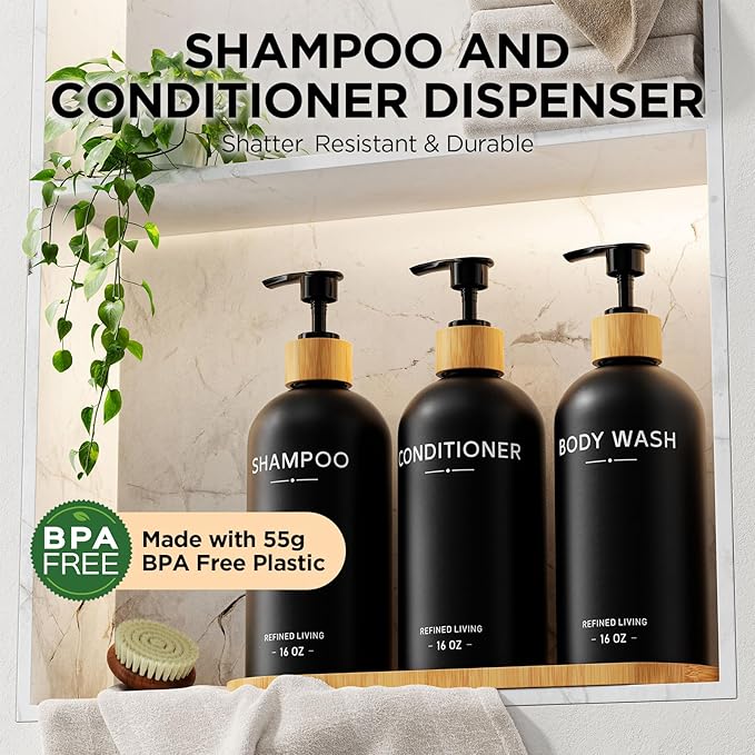 Shampoo and Conditioner Dispenser Set,Shower Soap Dispenser for Bathroom,Refillable Shampoo and Conditioner Bottles with Bamboo Pump and Tray,Soap Dispenser Bathroom for Shower (Black, 3-Pack)