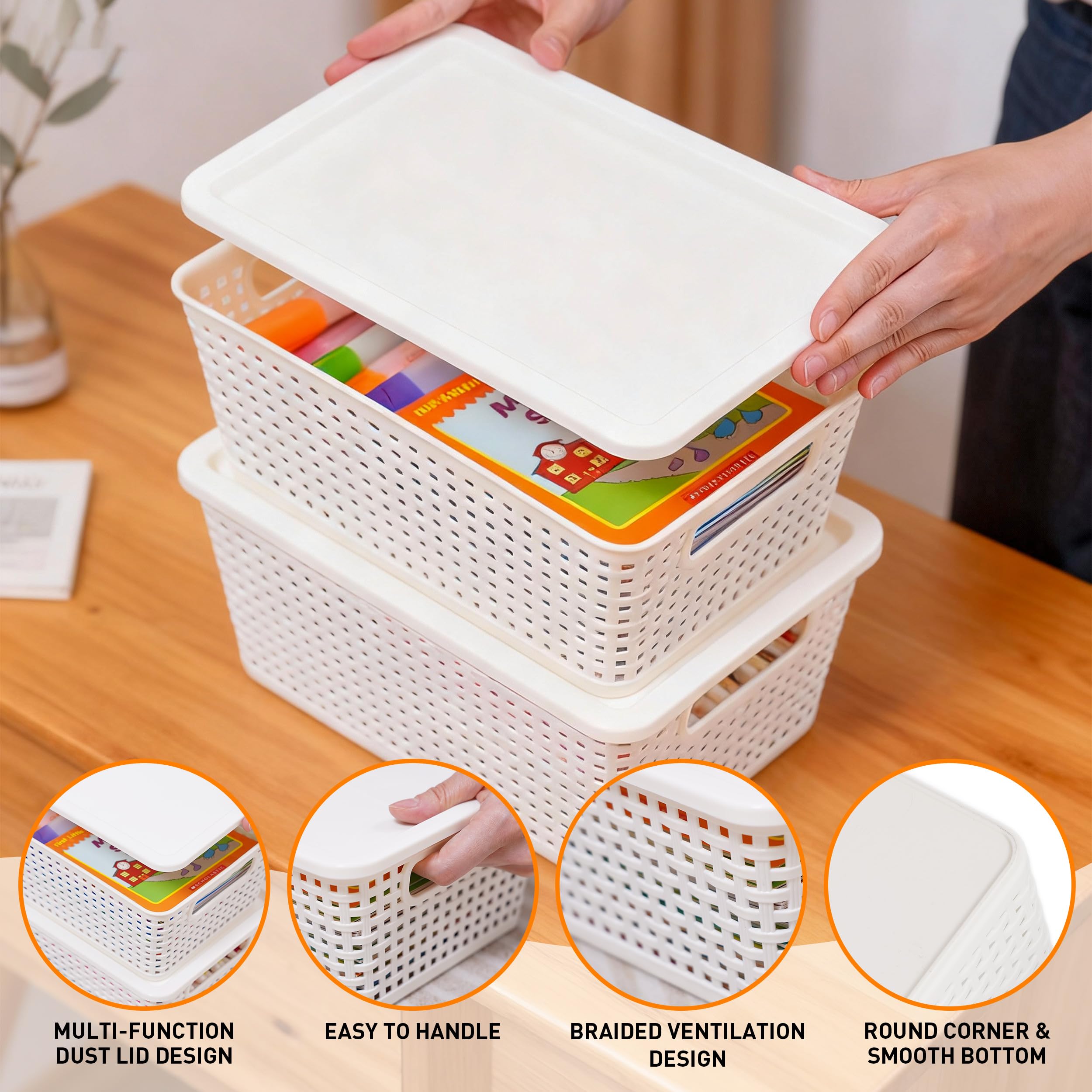 Anywish Plastic Storage Baskets With Lid, Storage Bins for Organizing, Stackable Decorative Containers for Shelves Drawers Desktop Closet Playroom Classroom Office, 8 Pack-White