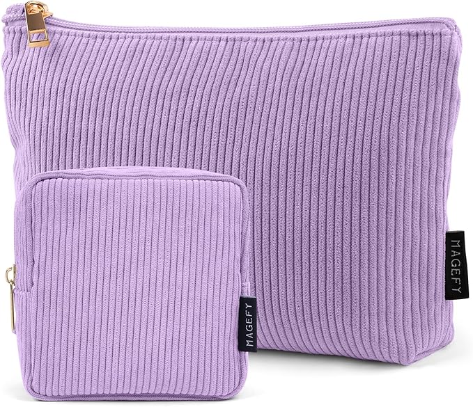 MAGEFY Small Makeup Bag, 2 Pcs Corduroy Makeup Bag for Purse Make Up Organizer Bag Mini Pouch with Slip-in Pockets Aesthetic Preppy Stuff - Purple