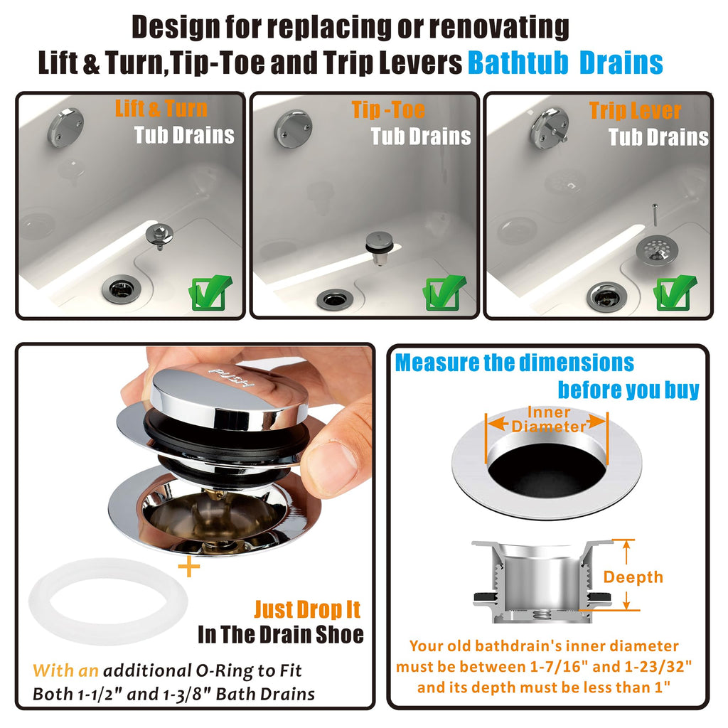 Artiwell Universal Tip Toe Bath Drain Stopper and Cover, Bathtub Drain Stopper, Replaces Lift and Turn, Tip-Toe and Trip Lever drains for Tub, EZ Installation and Clearing (Chrome Plated)