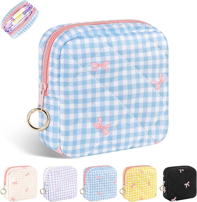 Playexen Period Bag for Teen Girls, Quilted Sanitary Napkin Storage Bag, Cute Bow Tie Menstrual Pad Pouch Tampon Holder (Plaid Blue)