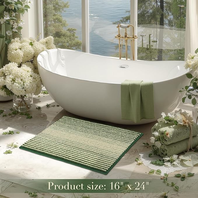 BSICPRO Bath Mat Rug for Bathroom Non Slip 17 x 24 Inches Water Absorbent Chenille Bathroom Floor Mats Machine Washable(Green)