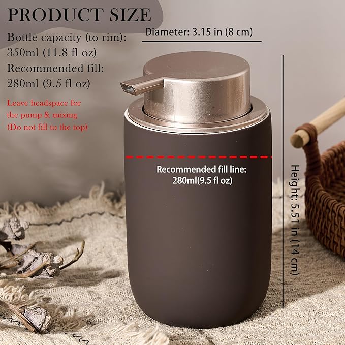GIRLUFO Foaming Soap Dispenser with Plastic Pump,12oz Foam Dispenser Bathroom,Kitchen Foam Soap Dispenser,Brown Hand Soap Bottle(Rubber Paint& Ceramic)
