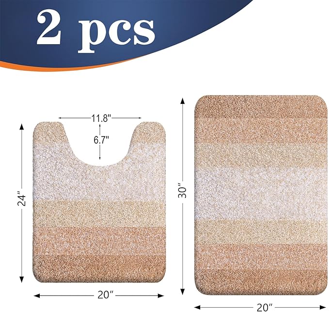 OLANLY Bathroom Rug Set 2 Piece, Soft Absorbent Microfiber Bath Mats and U-Shaped Contour Toilet Rug, Non-Slip, Machine Wash Dry, Plush Shaggy Bath Mats for Bathroom (30"x20"+24"x20", Beige)