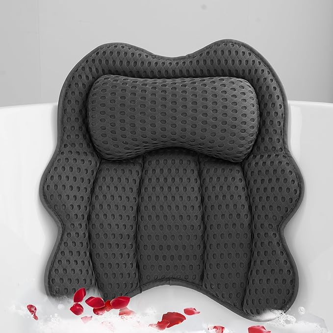 Joeyset Bath Pillow for Tub, 4D Air Mesh Breathable Fabric, Soft Supportive Bathtub Cushion for Head Neck Back, Ergonomic Spa Pillow with Strong Suction Cups, Quick-Drying, Machine Washable (Gray)