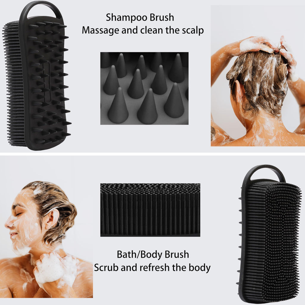 MtBoi 2 PC Silicone Body Scrubber, 2 in 1 Exfoliating Shower Bath Scrubber, Soft Silicone Loofah for Sensitive Skin, Shower Hair Scalp Massager, Easy to Clean, Lather Well (Black&Pink)