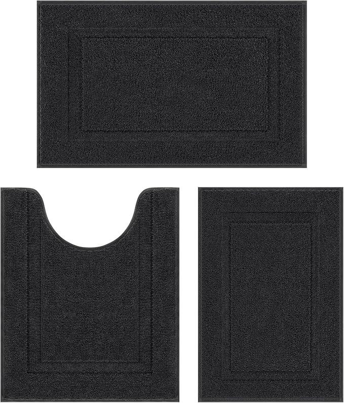 SHACOS Black Bathroom Rugs Sets 3 Piece Small Bath Mat U Shaped Toilet Rug