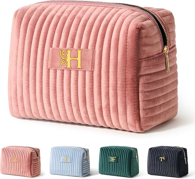 COSHAYSOO Travel Makeup Bag Quilted Make Up Pouch Initial Cosmetic Case with Butterfly Decorations for Women Lipstick Glossier Lipgloss Lip Stain Moisturizer Mascara Eyeliner Organizer Black Letter P