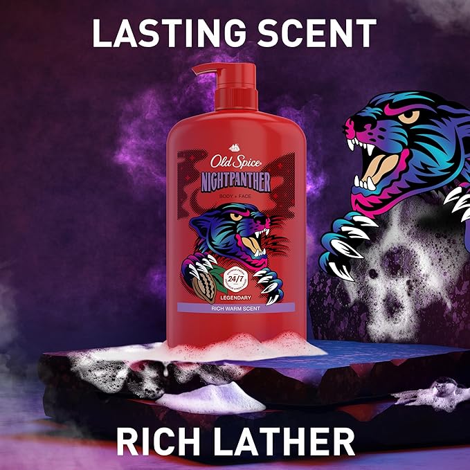 Old Spice Cleansing Body Wash for Men, 3X Defense, 24/7 Shower Fresh with Lasting Scent, 2 in 1 Body and Face Wash, Daily Men’s Wash and Shower Gel, NightPanther Rich Warm Masculine Scent, 33.4 oz