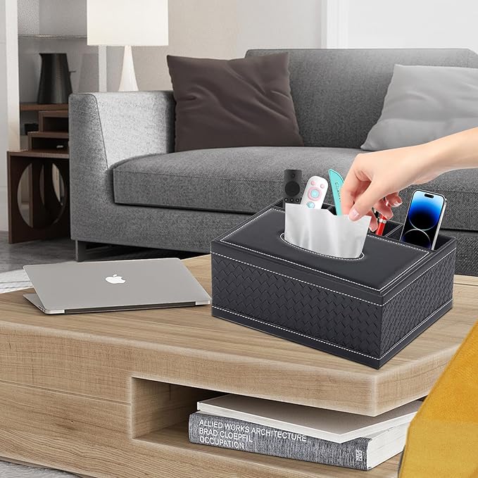 Tissue Box Cover Rectangle Black Tissue Box Holder PU Leather Facial Tissue Organizer,Multifunctional Remote Control Stationery Storage Box,Home Office Supplies Car Napkin Caddy