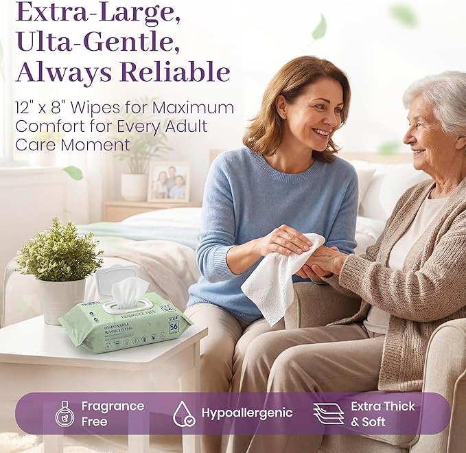 Extra Large Adult Wipes for Elderly - 6 Packs of 56 [336 Count] 12" x 8" Disposable Washcloths, Extra Thick Body Wipes for Bathing No Rinse, Fragrance Free Hypoallergenic for Sensitive Skin, ProHeal