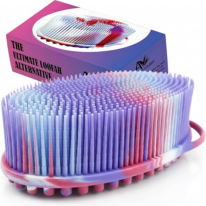 Avilana Silicone Body Scrubber for Shower – SGS Certified Food Grade Dual Sided Bath Brush, Gentle Exfoliating Silicone Loofah Alternative, Sensitive Skin Body Brush (Blue-Silver