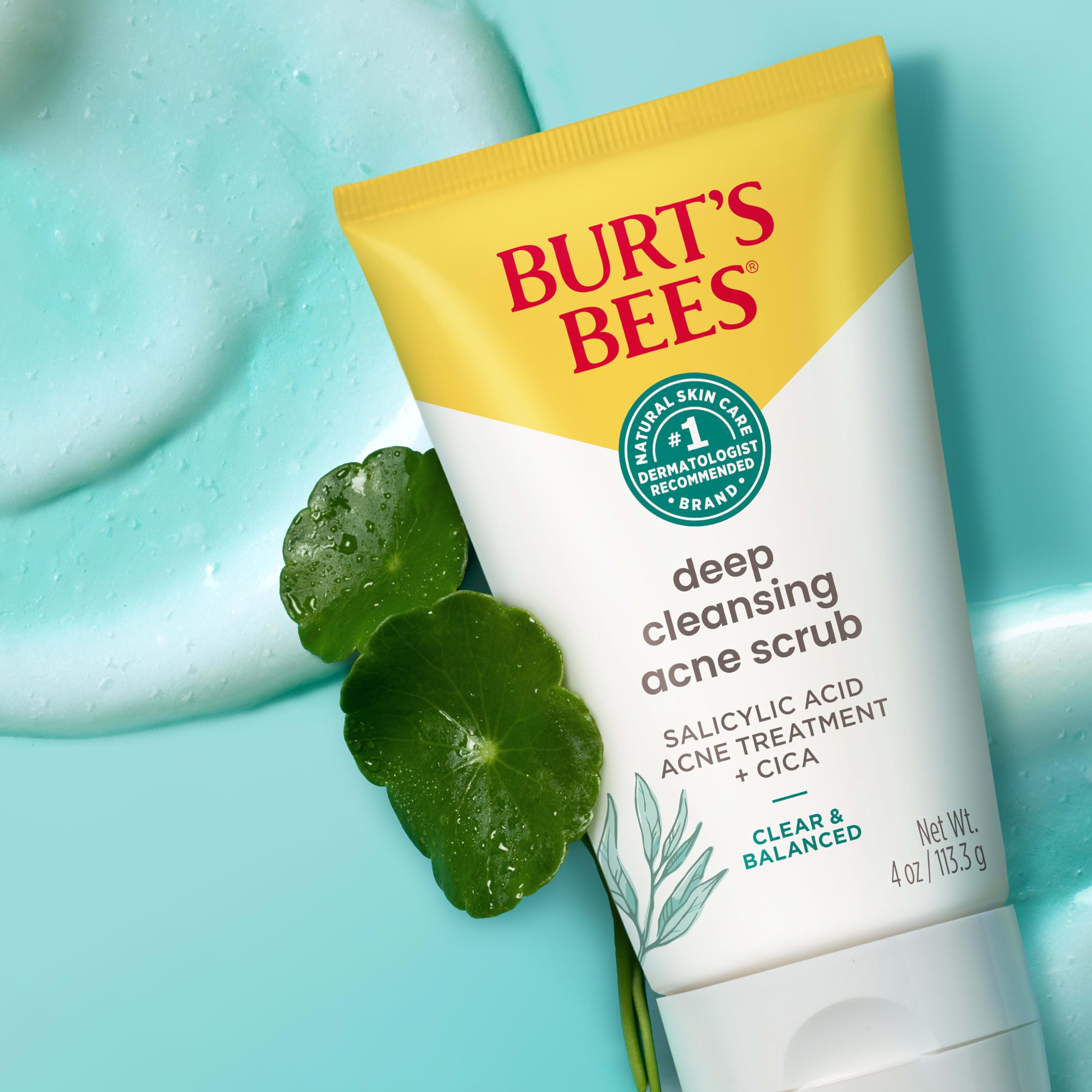 Burt’s Bees Clear and Balanced Deep Cleansing Acne Scrub, Salicylic Acid Acne Treatment with Cica, Facial Cream Exfoliator Helps Unclog Pores and Reduce Acne, 4 Oz