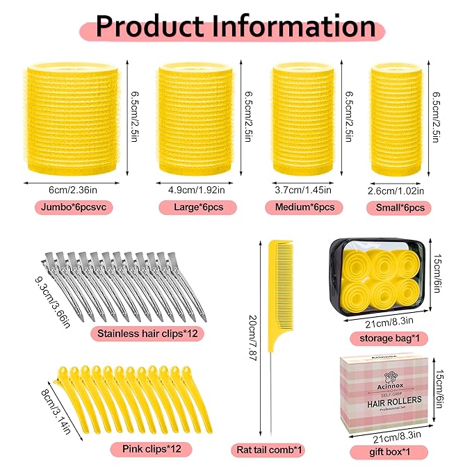 4 Sizes Self-Grip Hair Rollers Set with Clips - 4 Sizes for Long, Short Hair & Bangs (25mm, 36mm, 48mm, 60mm), (Yellow, 4 Sizes)