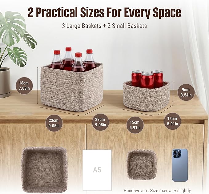 5-Pack Storage Cubes Woven Rope Baskets - 2 Sizes Organizer Bins for Closet, Shelf, Bookshelf, Nursery, Changing Table, Cube Storage Bins, Storage Baskets for Bathroom Toy & Home