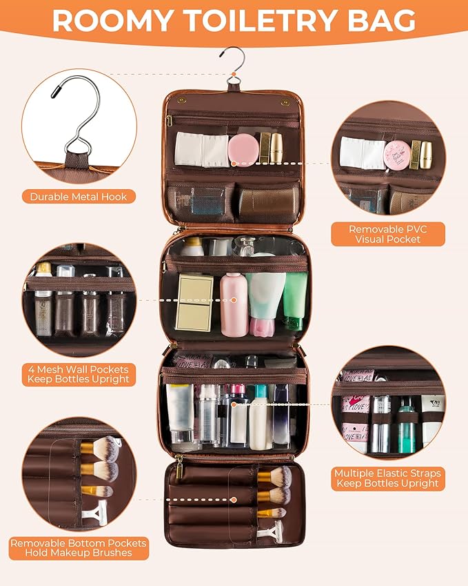Elviros Hanging Travel Toiletry Bag Gift for Men，Mens Toiletries Bag Gifts Set Shaving Dopp Kit Water-resistant Bathroom Toiletries Organizer PU Leather Cosmetic Bags 2 Pack