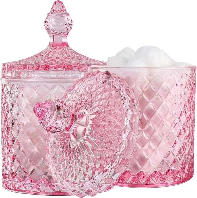 2 Pack Qtip Holder Apothecary Jars with Lid, Thick Glass, Large Pink